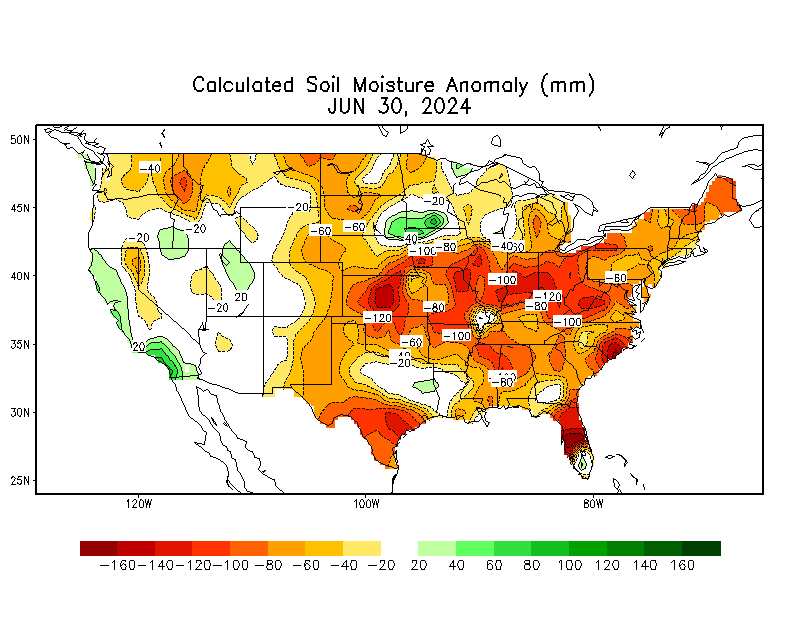 Map showing the daily soil moisture anomaly from the Climate Prediction Center