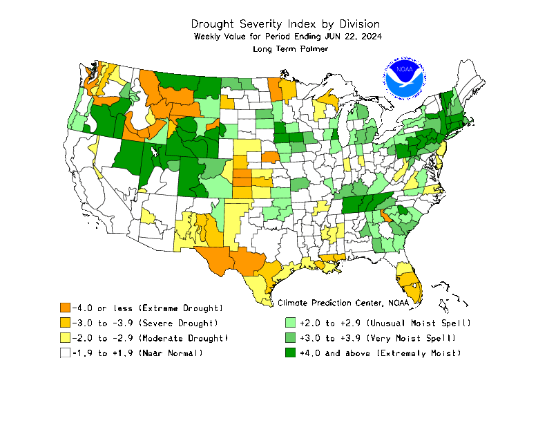 Current Palmer Drought Severity Index, by Division