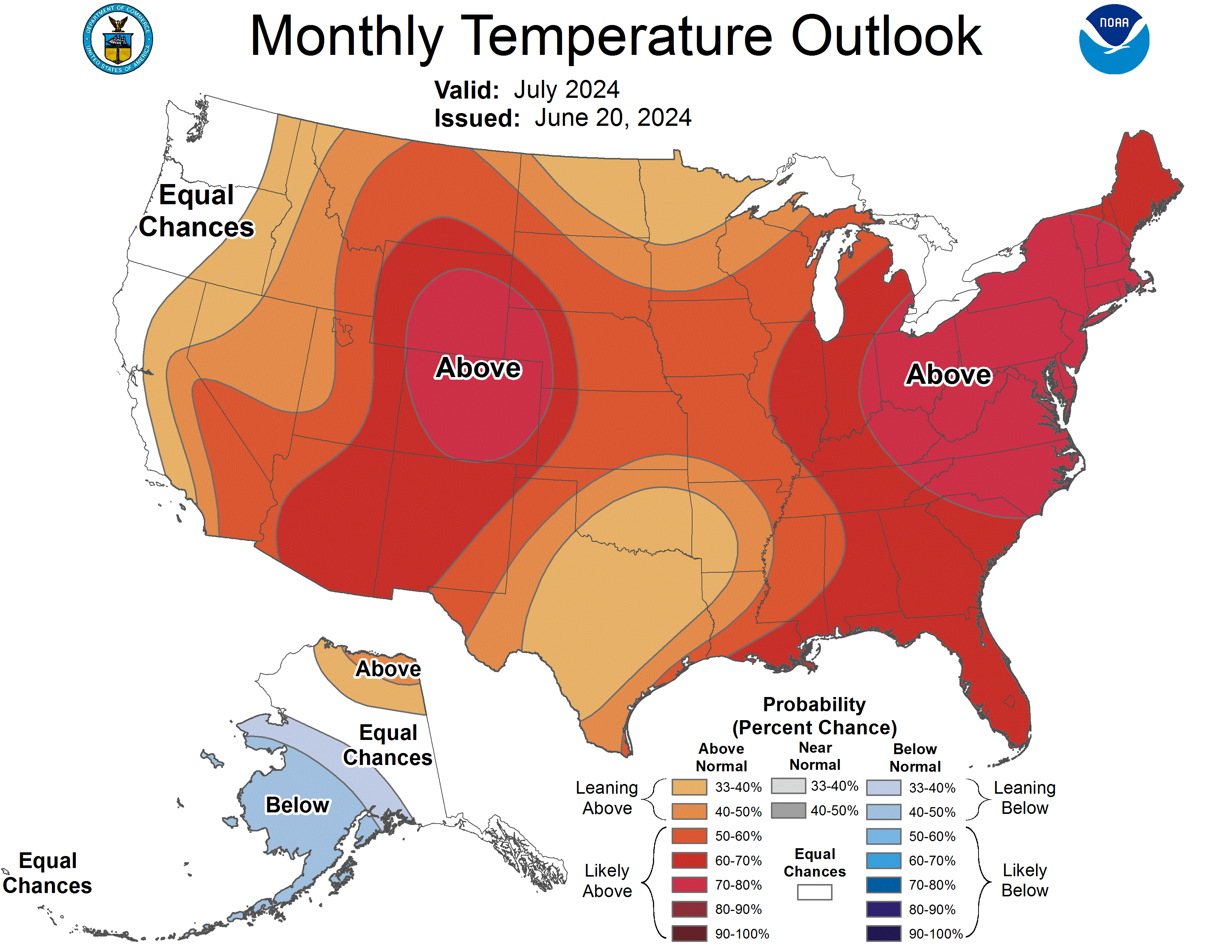 Current one month temperature probability outlook from Climate Prediction Center