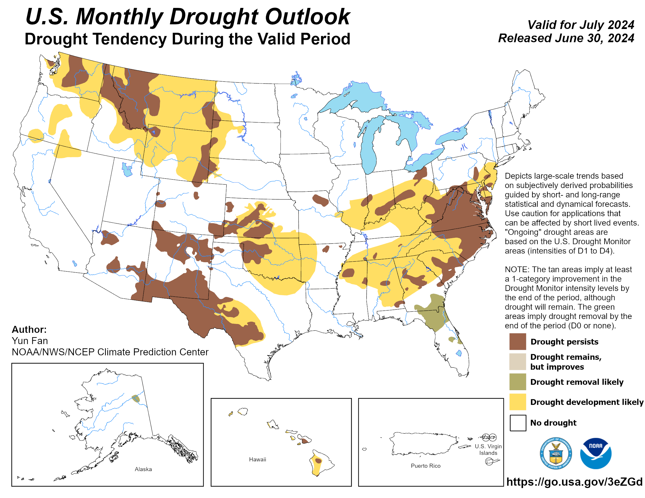 U.S. Monthly Drought Outlook displays the probability of drought development or improvement. Outlook is updated monthly at the beginning of each month.