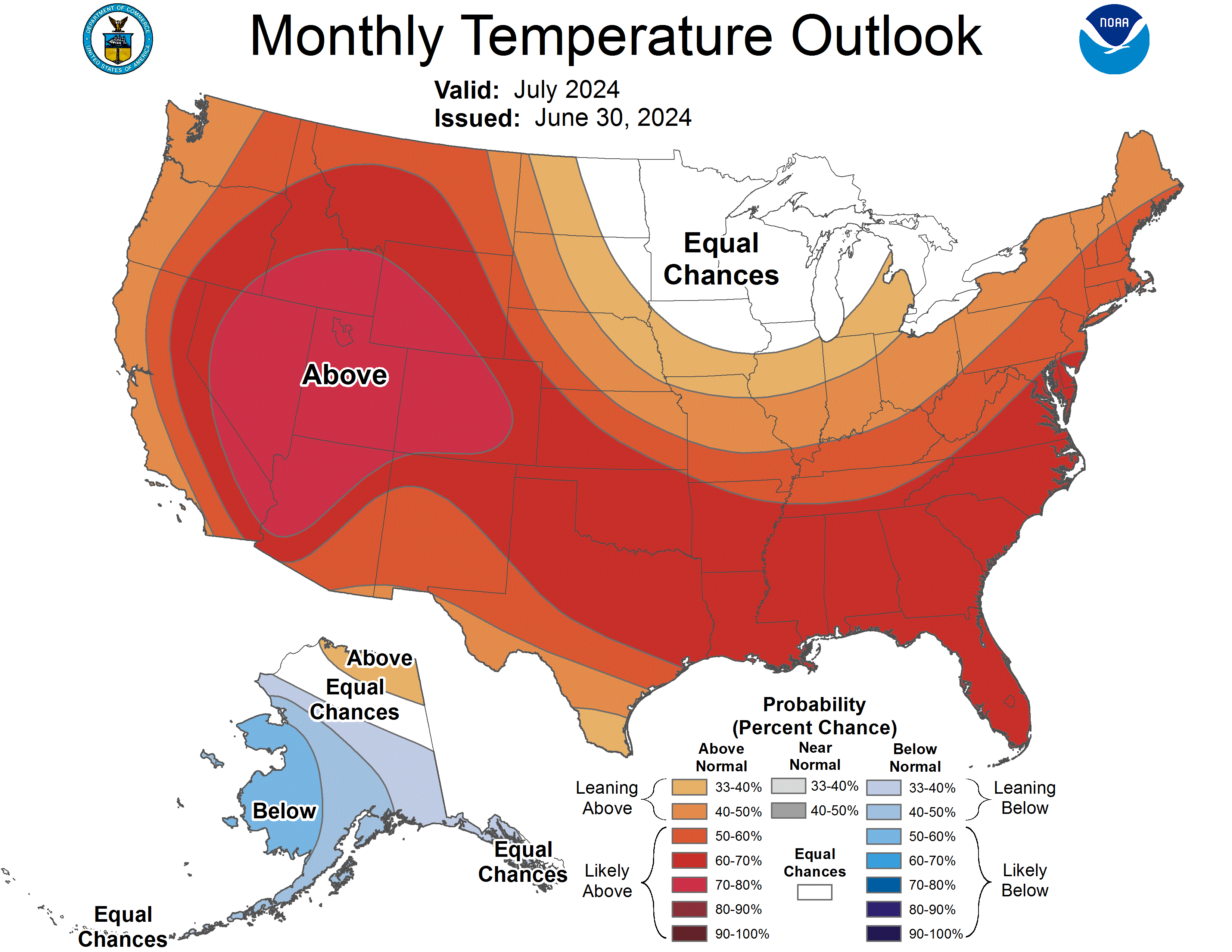 The Climate Predicition Center temperature forecast probabilities for the U.S. for the next calendar month.